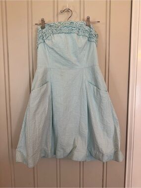 Light Blue Seersucker Strapless dress preppy pockets y2K